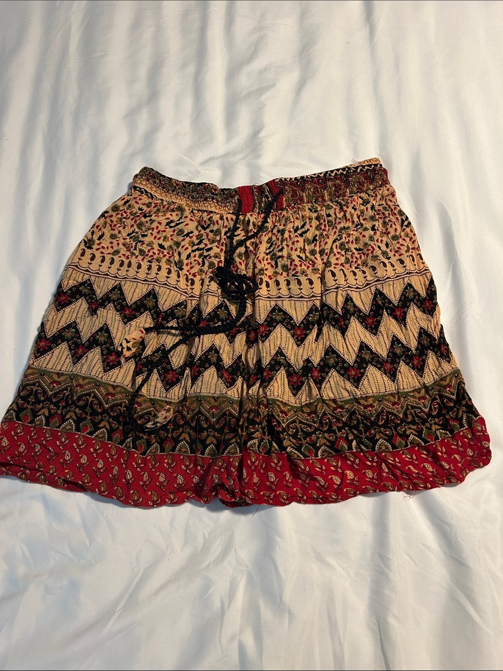 Boho Printed Red and Tan Elastic Waist Women’s Shorts